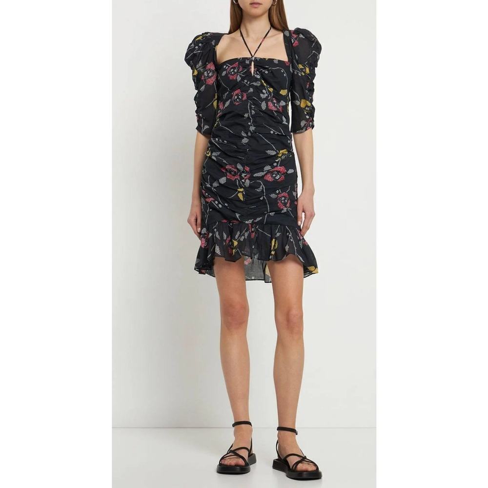 Isabel Marant Etoile Galdino Ruched Floral Print Ruffle Mini Dress Size 36 NWT